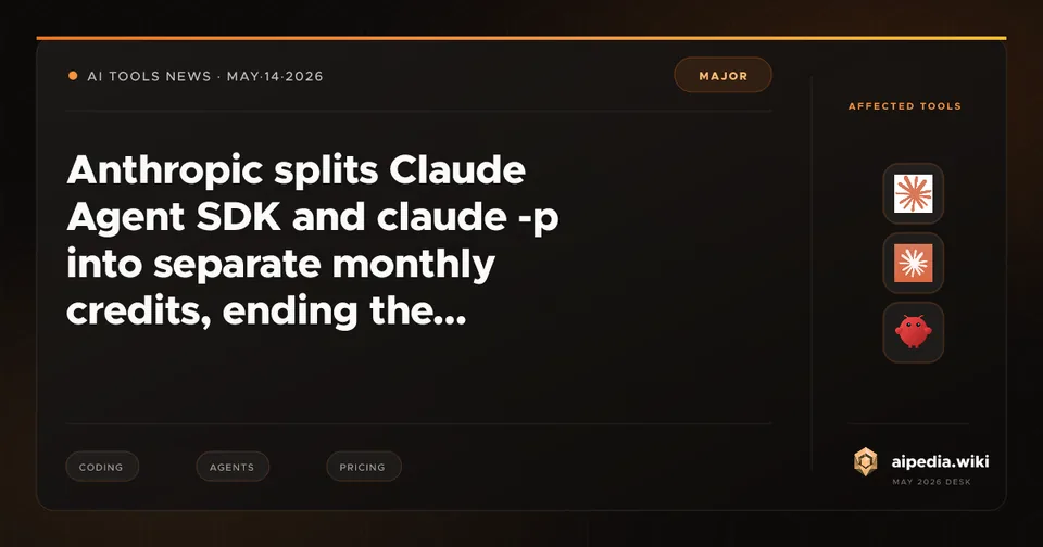 Anthropic splits Claude Agent SDK and claude -p into separate monthly credits, ending the shared-limit era for programmatic agents