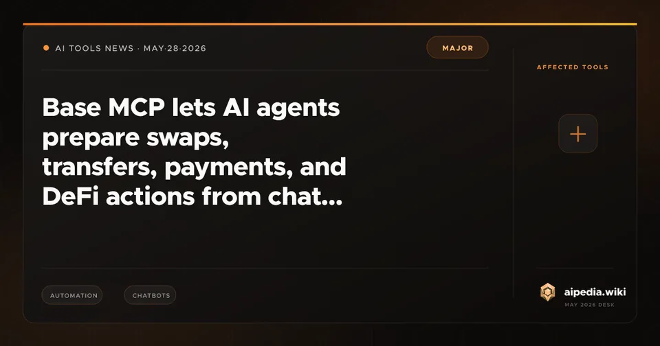 Base MCP lets AI agents prepare swaps, transfers, payments, and DeFi actions from chat, with user approval still in the wallet