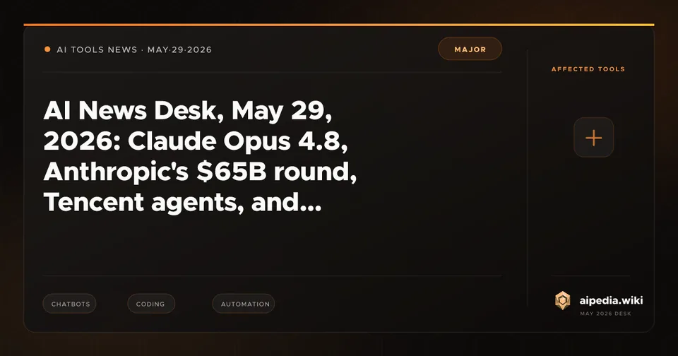 AI News Desk, May 29, 2026: Claude Opus 4.8, Anthropic's $65B round, Tencent agents, and clinical AI