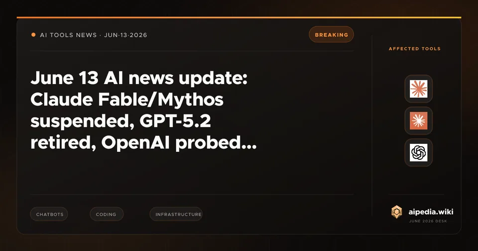 June 13 AI news update: Claude Fable/Mythos suspended, GPT-5.2 retired, OpenAI probed